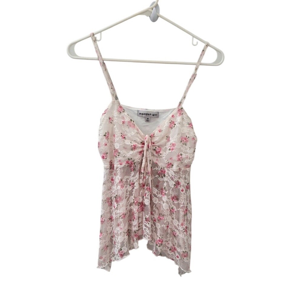 Madden Girl Cami Tank Top Womens Size M Pink White Floral Lace Y2K